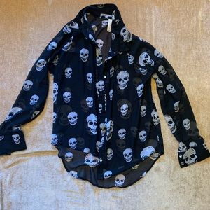 Skull Print Sheer Long Sleeve Button Up